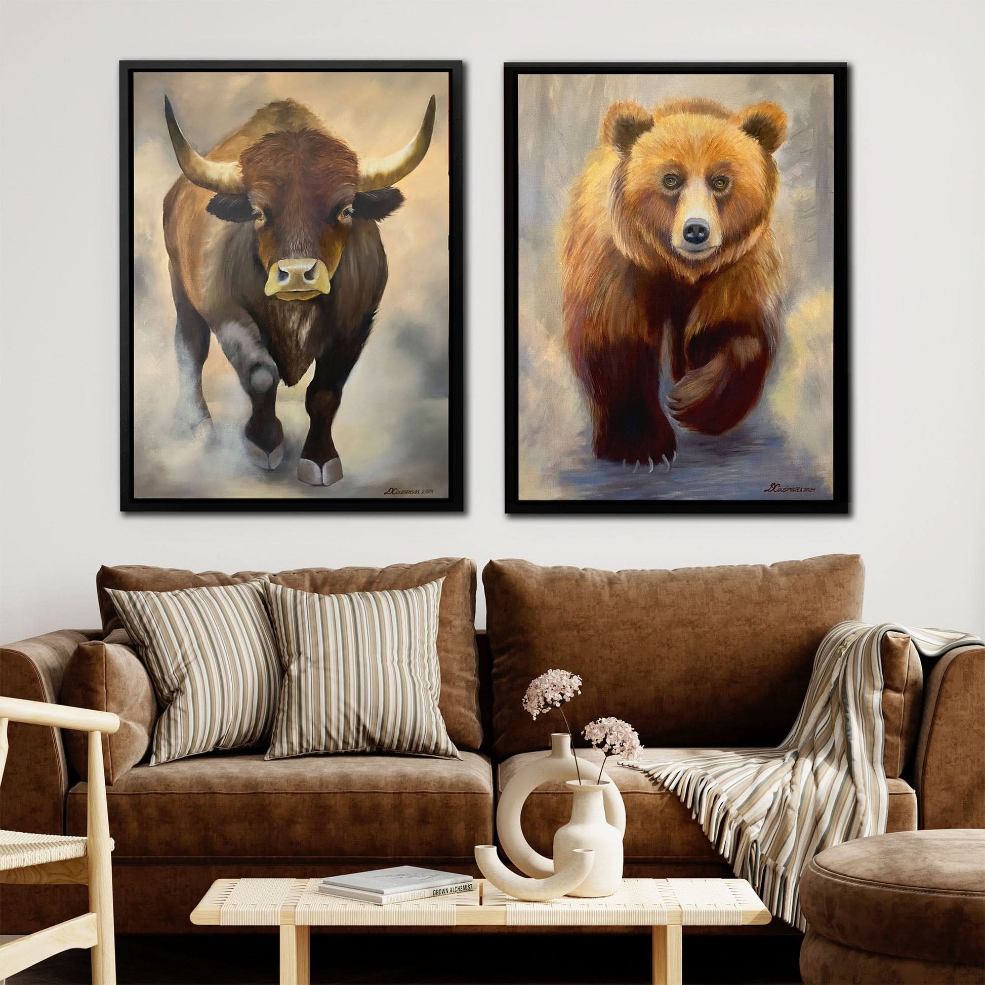 Bull and Bear Duo - Wall Art in Black Frame