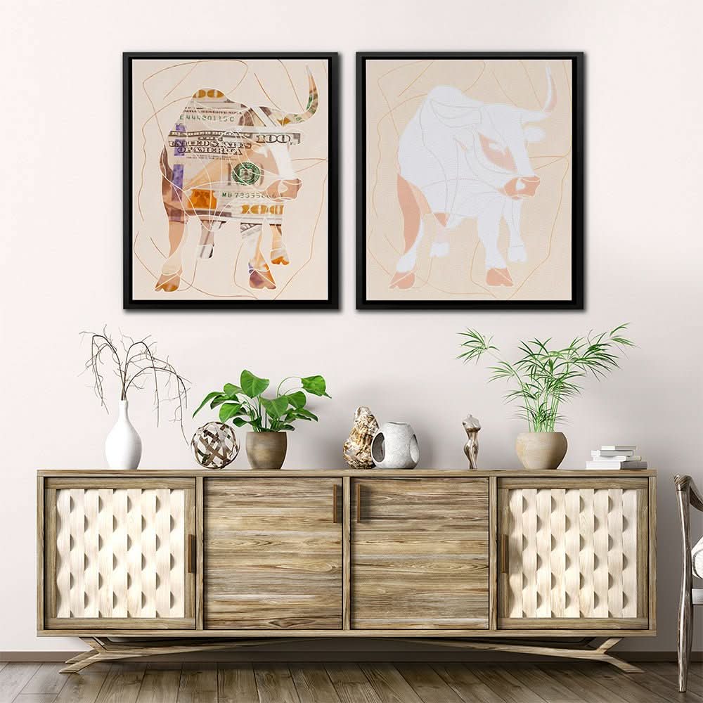 Bull and Cash - Bull Wall Art in Black Frame