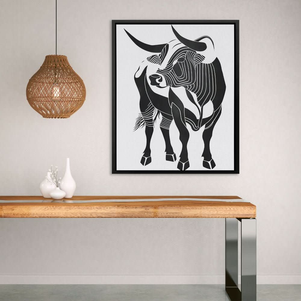 Bull Essence - Black and White Wall Art in Black Frame