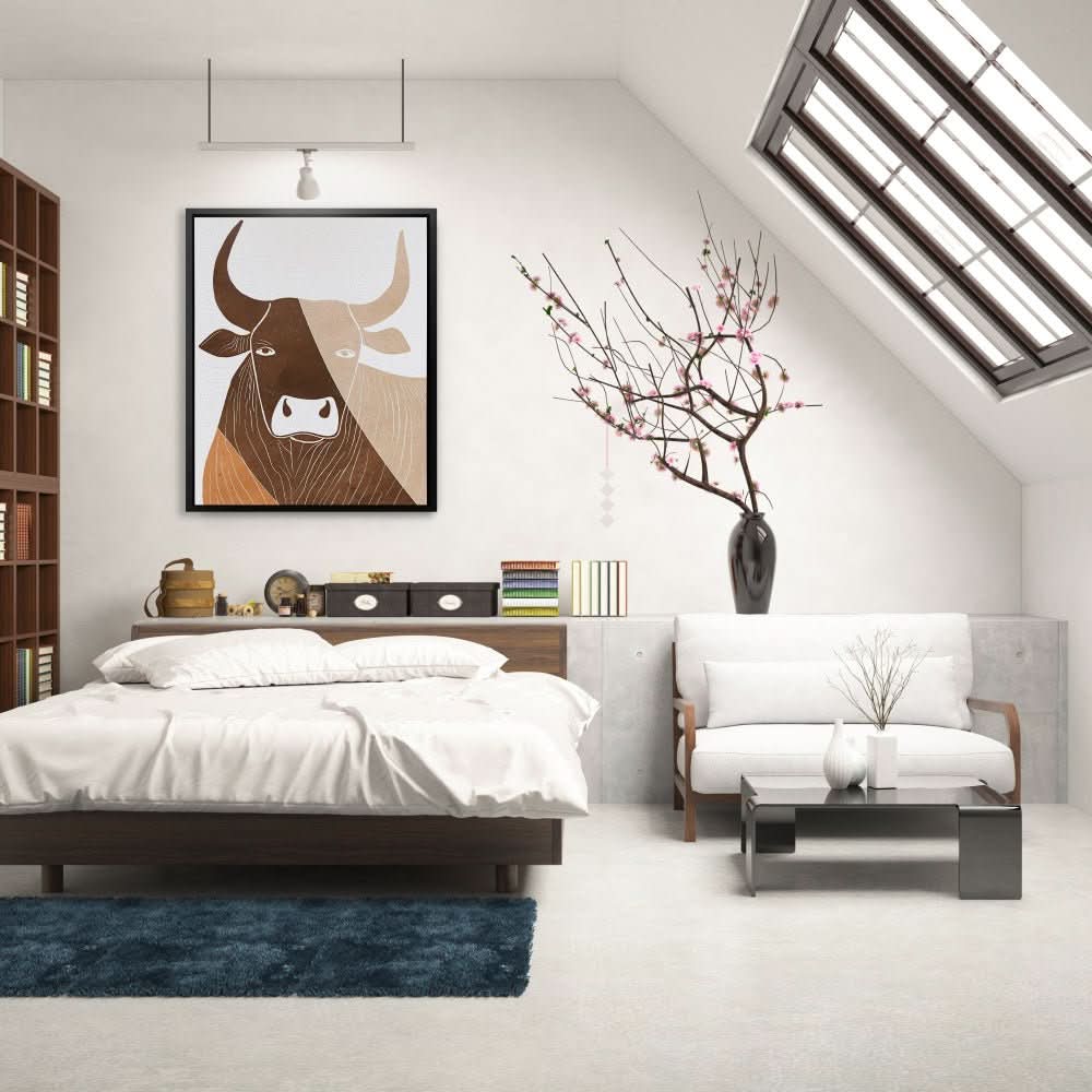 Bull in Lines - Bull Wall Art in Black Frame
