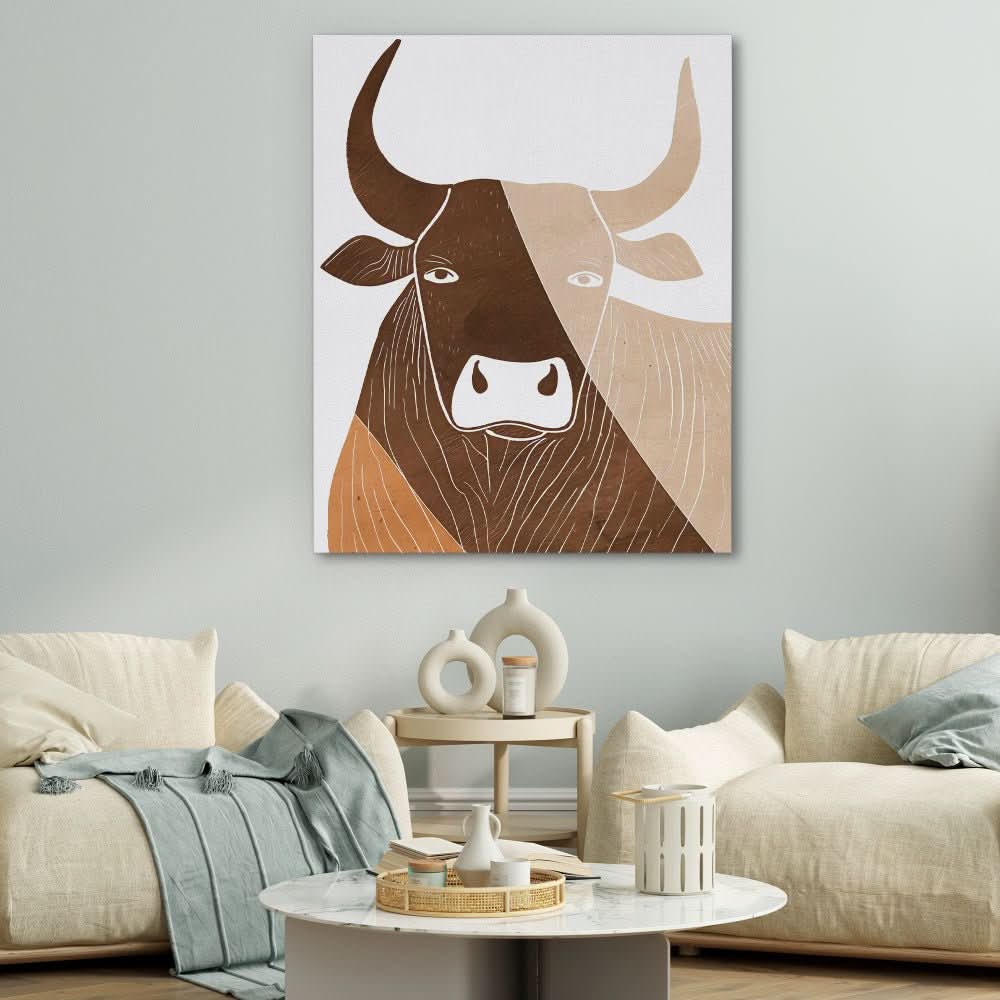 Bull in Lines - Brown Wall Art for Dining Room
