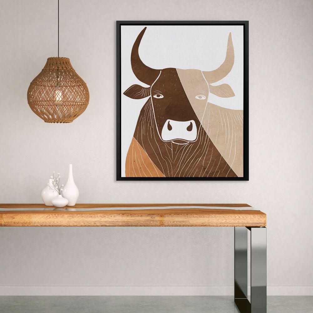 Bull in Lines - Minimalist Earth Tones Canvas Wall Art