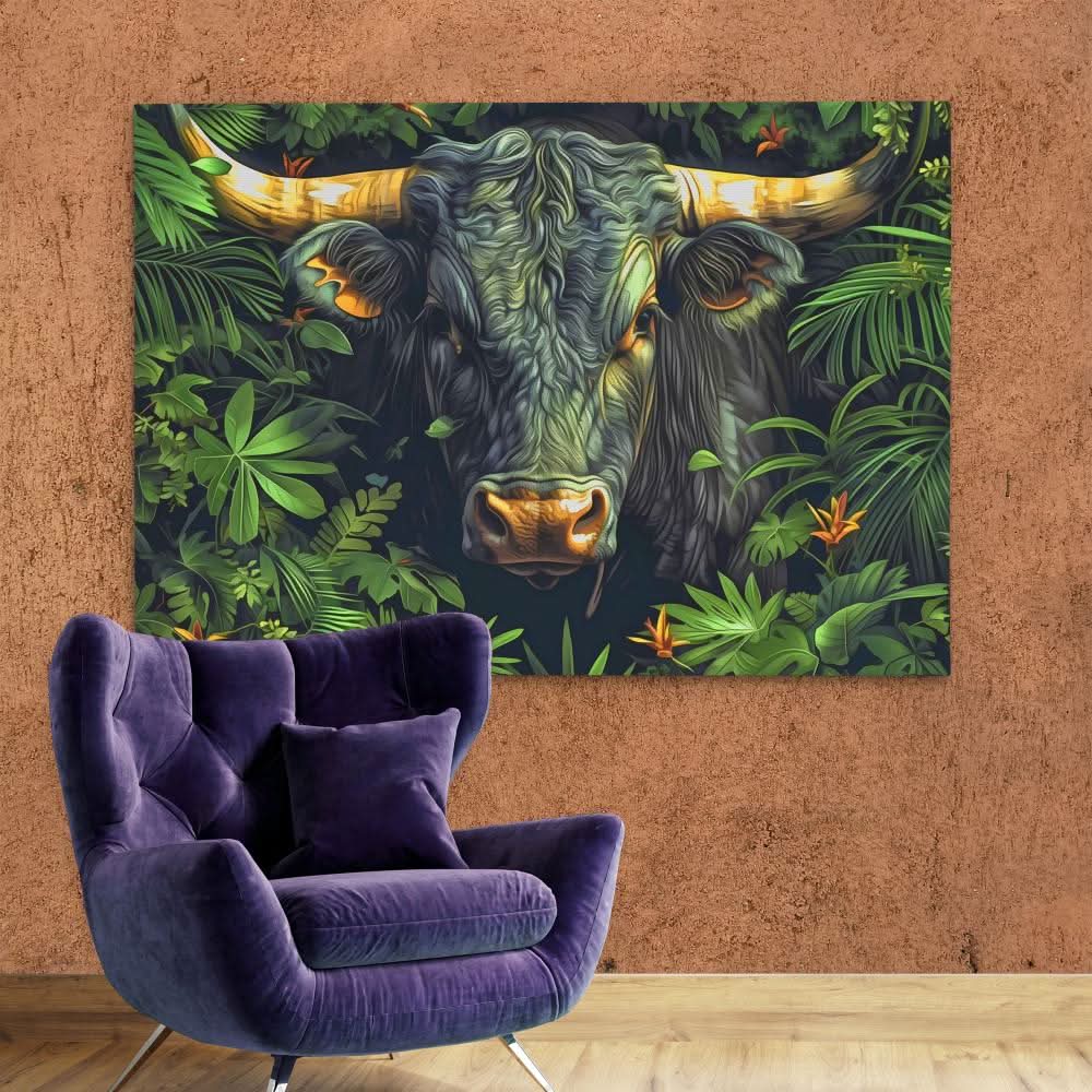 Bull in the Bushes - Green Bull Canvas Print