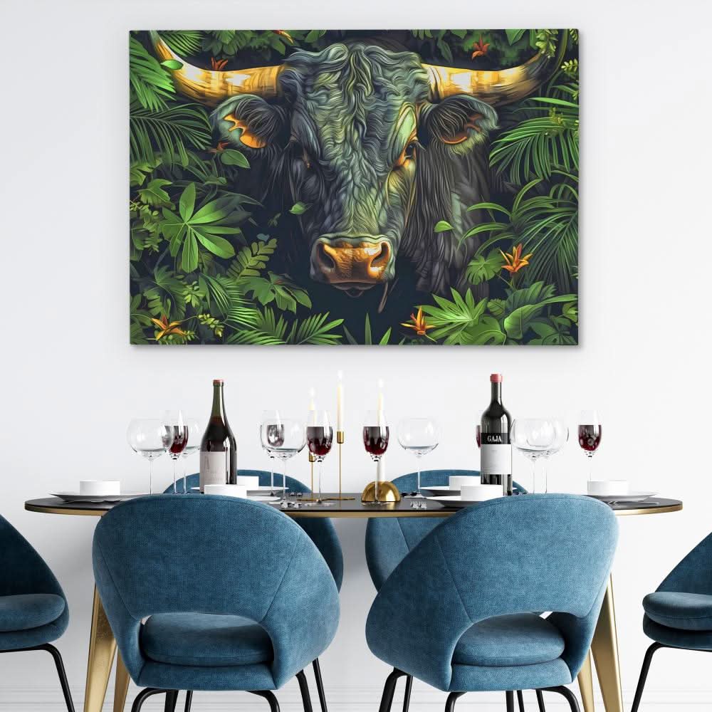 Bull in the Bushes - Green Canvas Wall Art