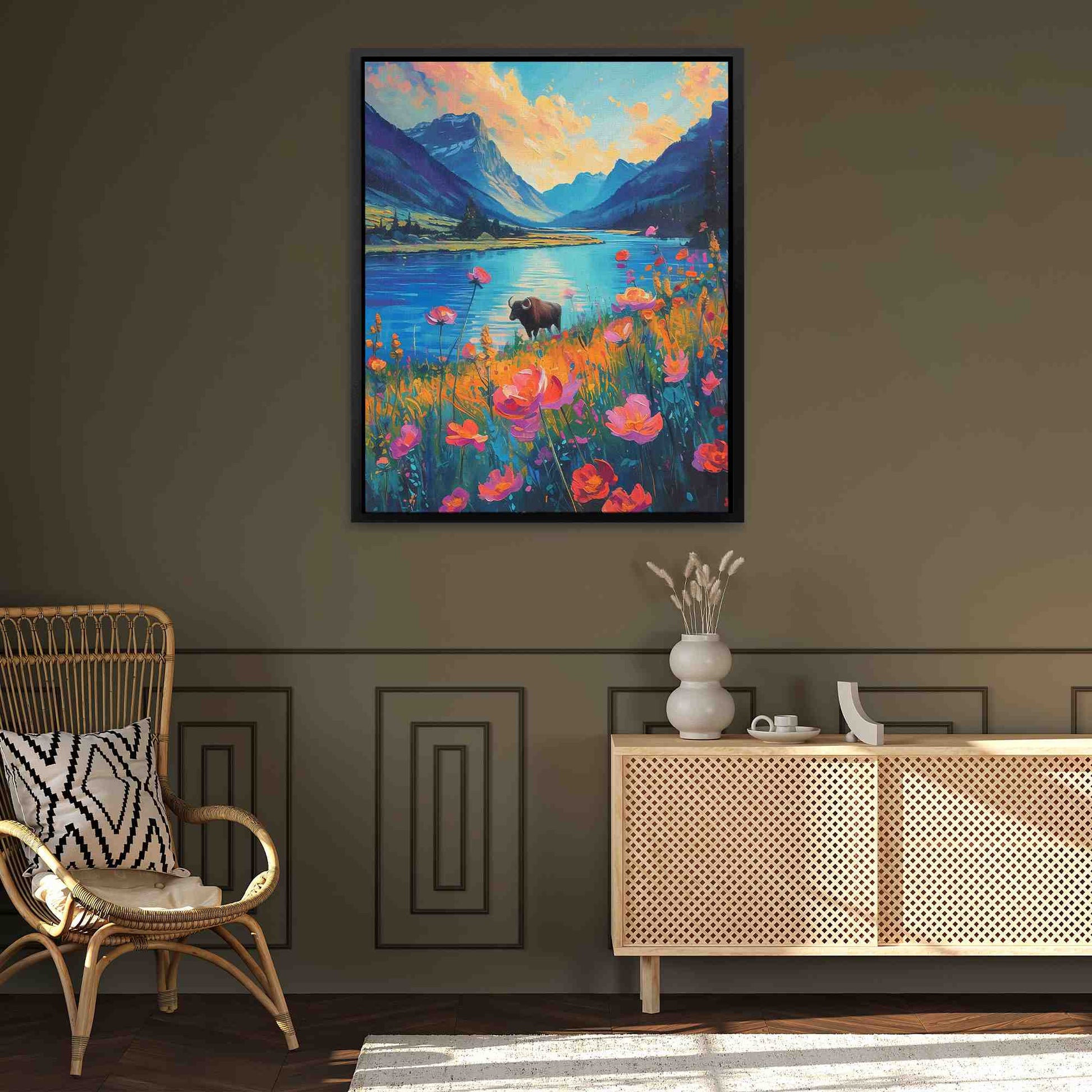 Bull Prairie - Bull Wall Art in Black Frame
