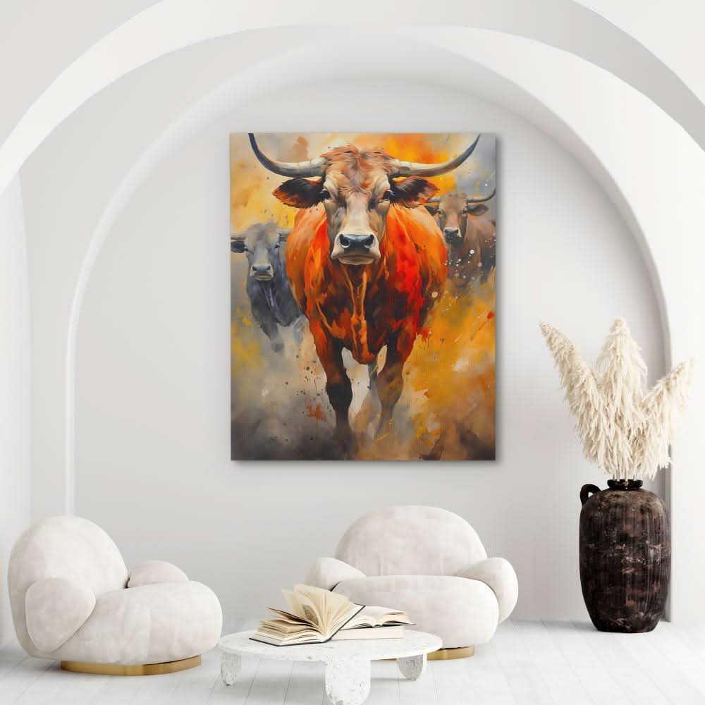 Bull Stampede - Brown Wall Art