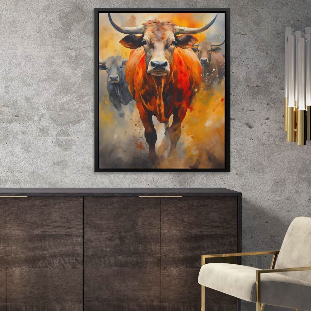 Bull Stampede - Brown Canvas Wall Art