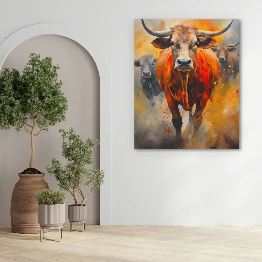 Bull Stampede - Wall Art in Black Frame