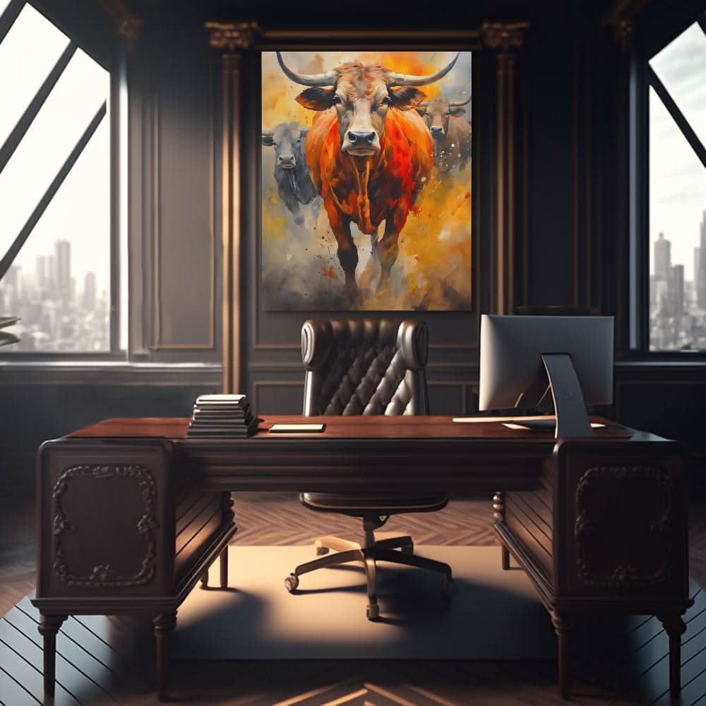 Bull Stampede - Bull Wall Art in Black Frame