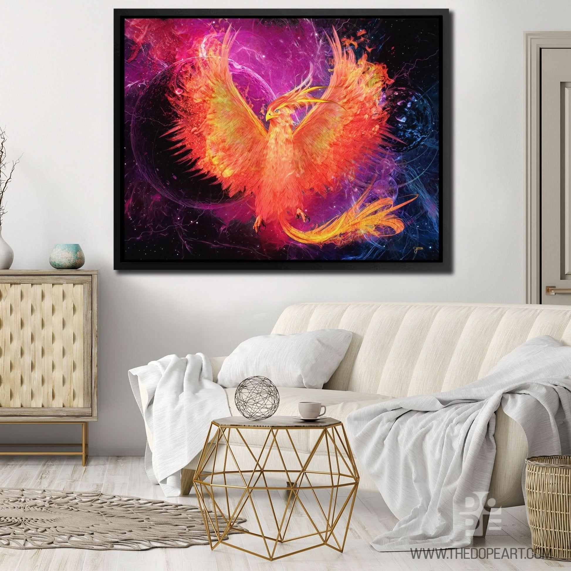 Burning Phoenix - Fire Wall Art in Black Frame