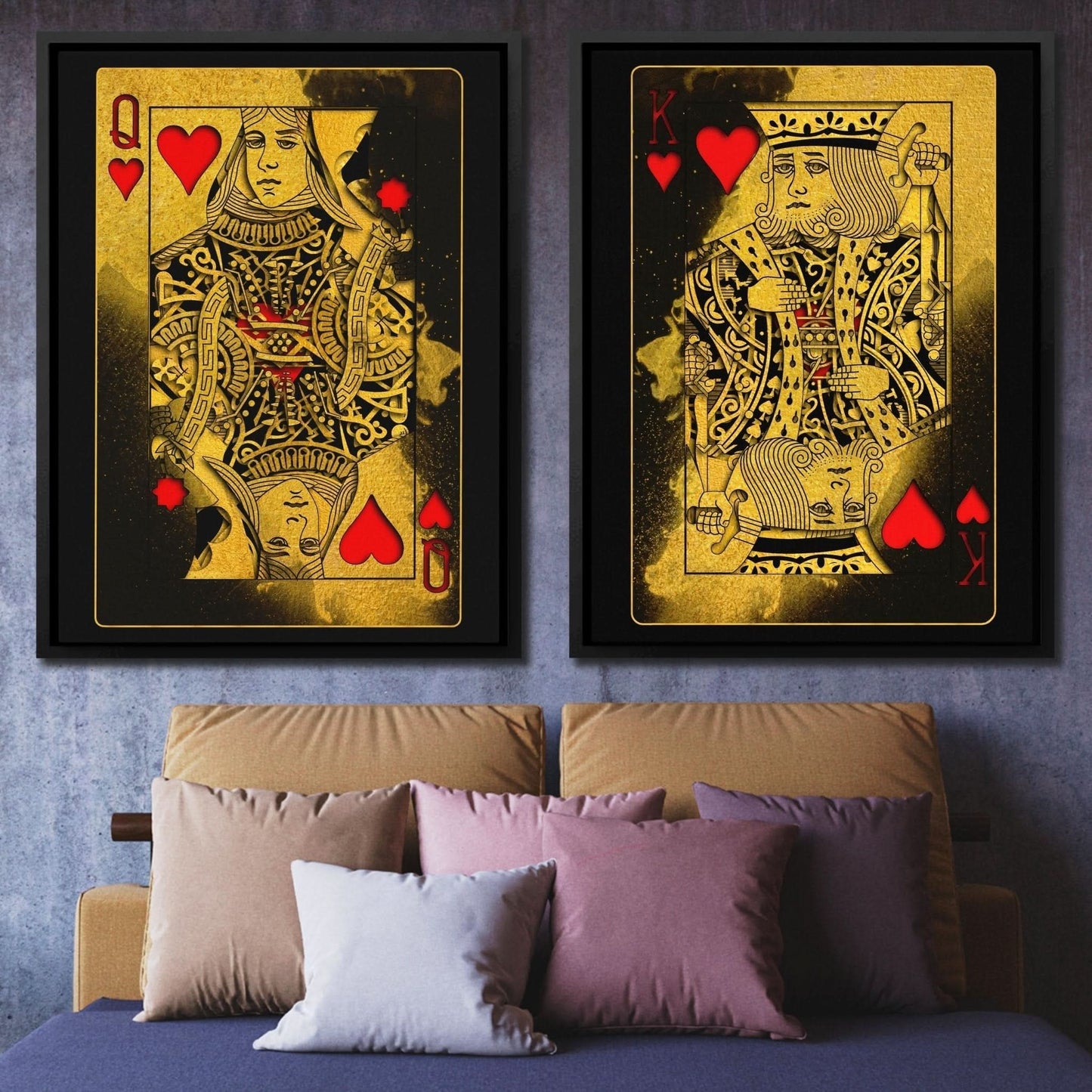 Burning Royal Hearts Couple - Poker Card Wall Art in Black Frame