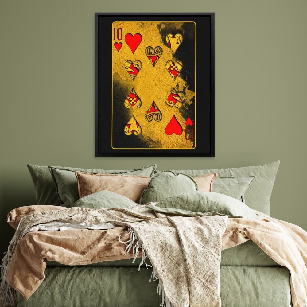 Burning Ten of Hearts - Poker Card Wall Art in Black Frame
