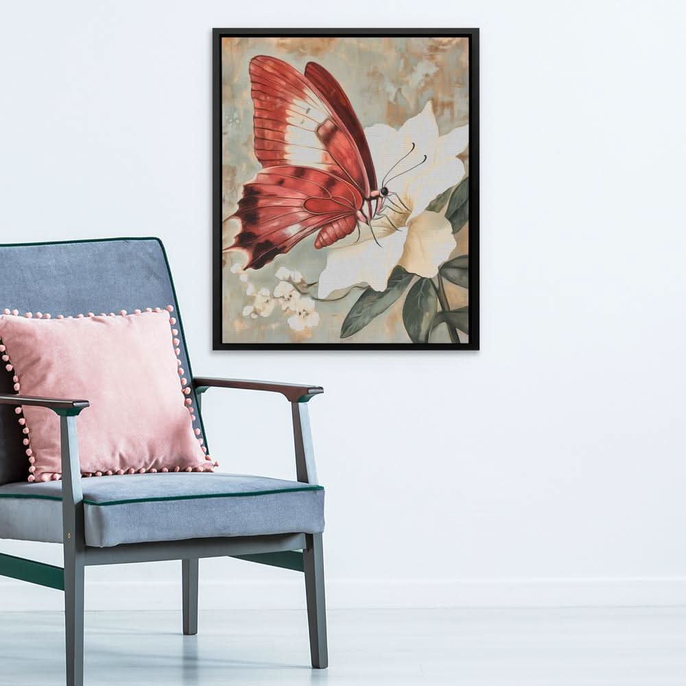 Butterfly’s Graceful Landing - Beige Wall Art for Kitchen