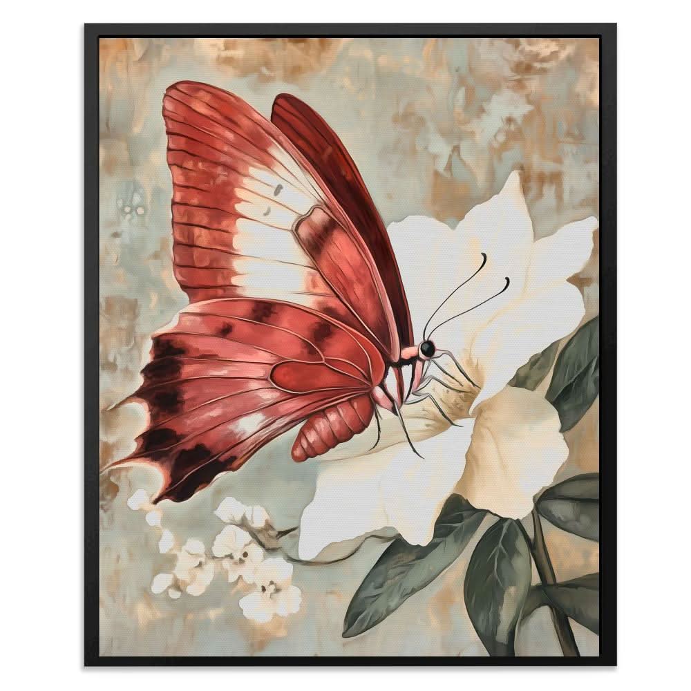 Butterfly’s Graceful Landing - Beige Canvas Wall Art
