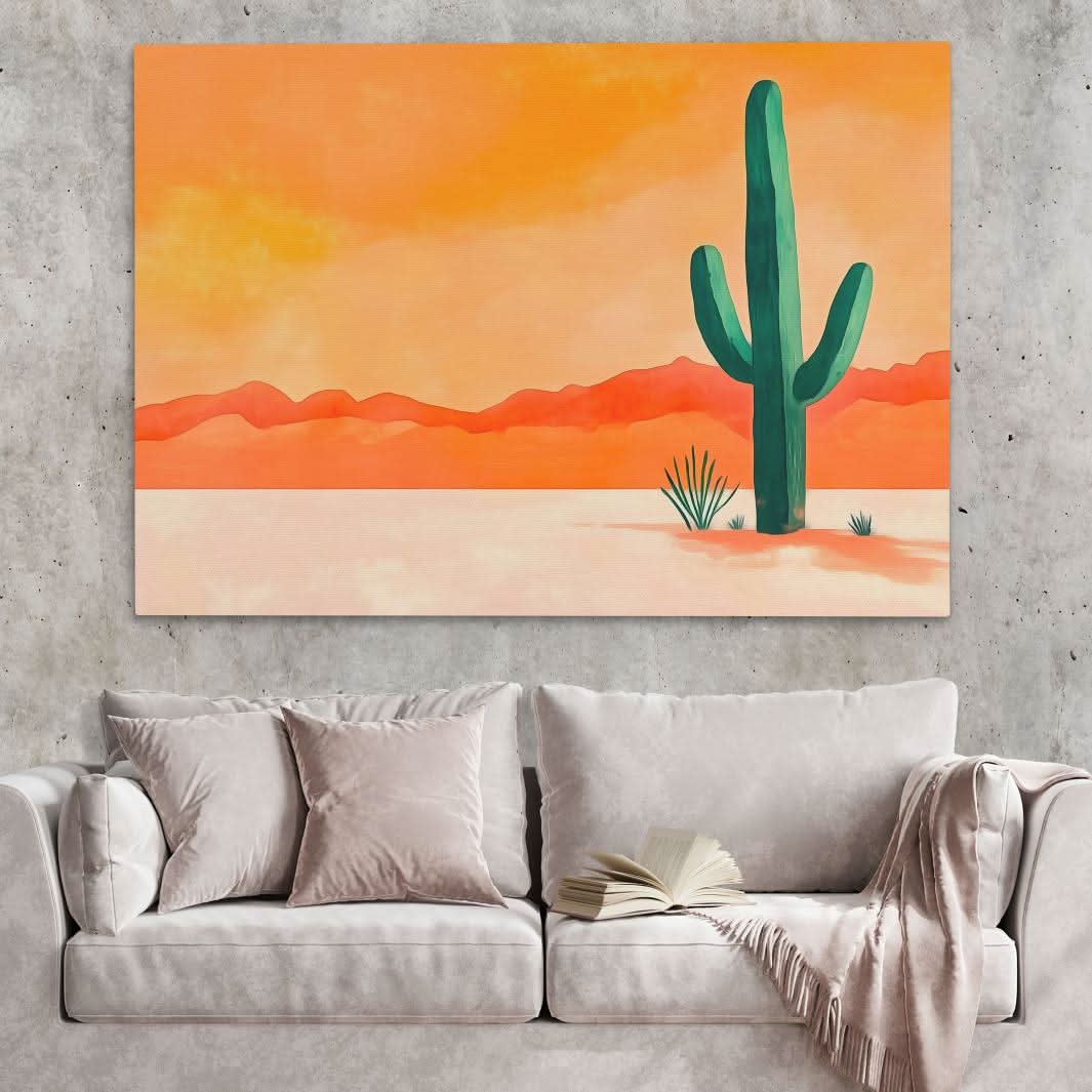 Cactus in the Desert - Orange Wall Art for Lounge