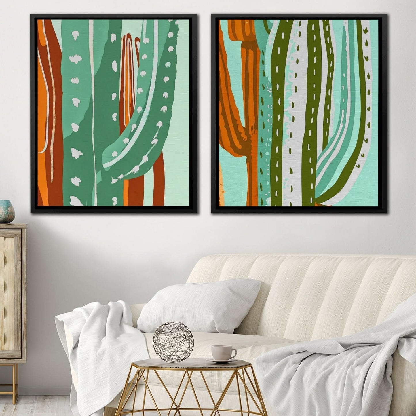 Cactus Oasis Duo - Abstract Wall Art in Black Frame
