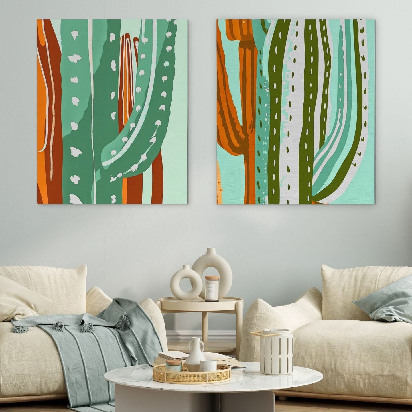 Cactus Oasis Duo - Bohemian Green Canvas Wall Art