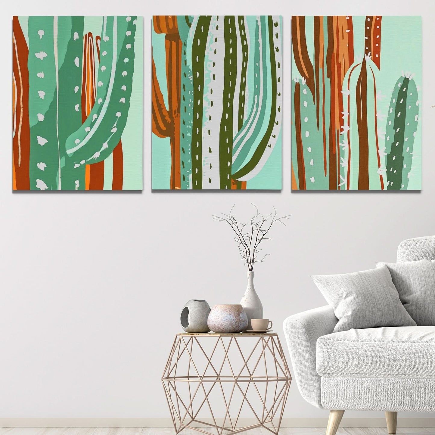 Cactus Oasis Trio - Earth Tones Wall Art for Hallway