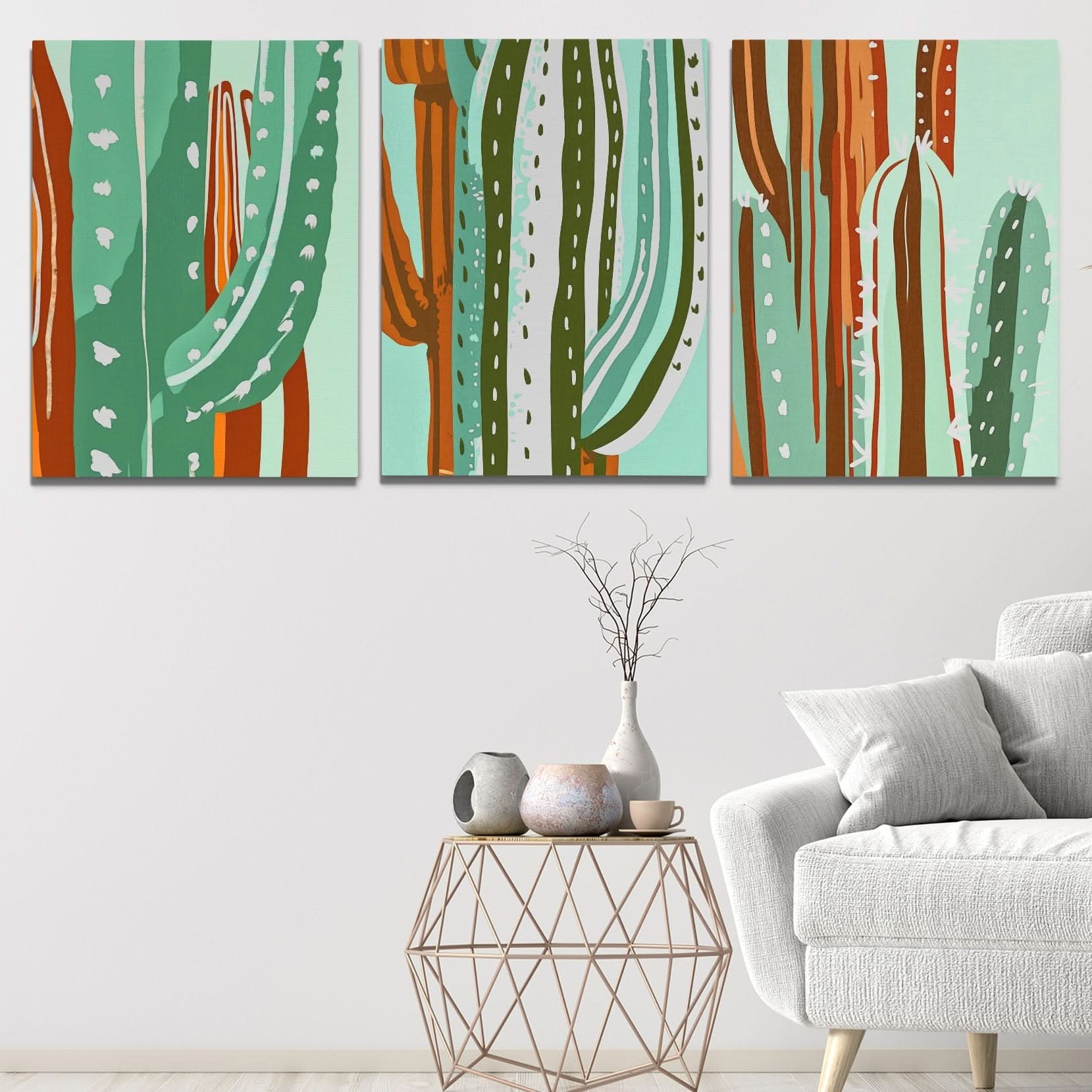 Cactus Oasis Trio - Earth Tones Wall Art for Hallway