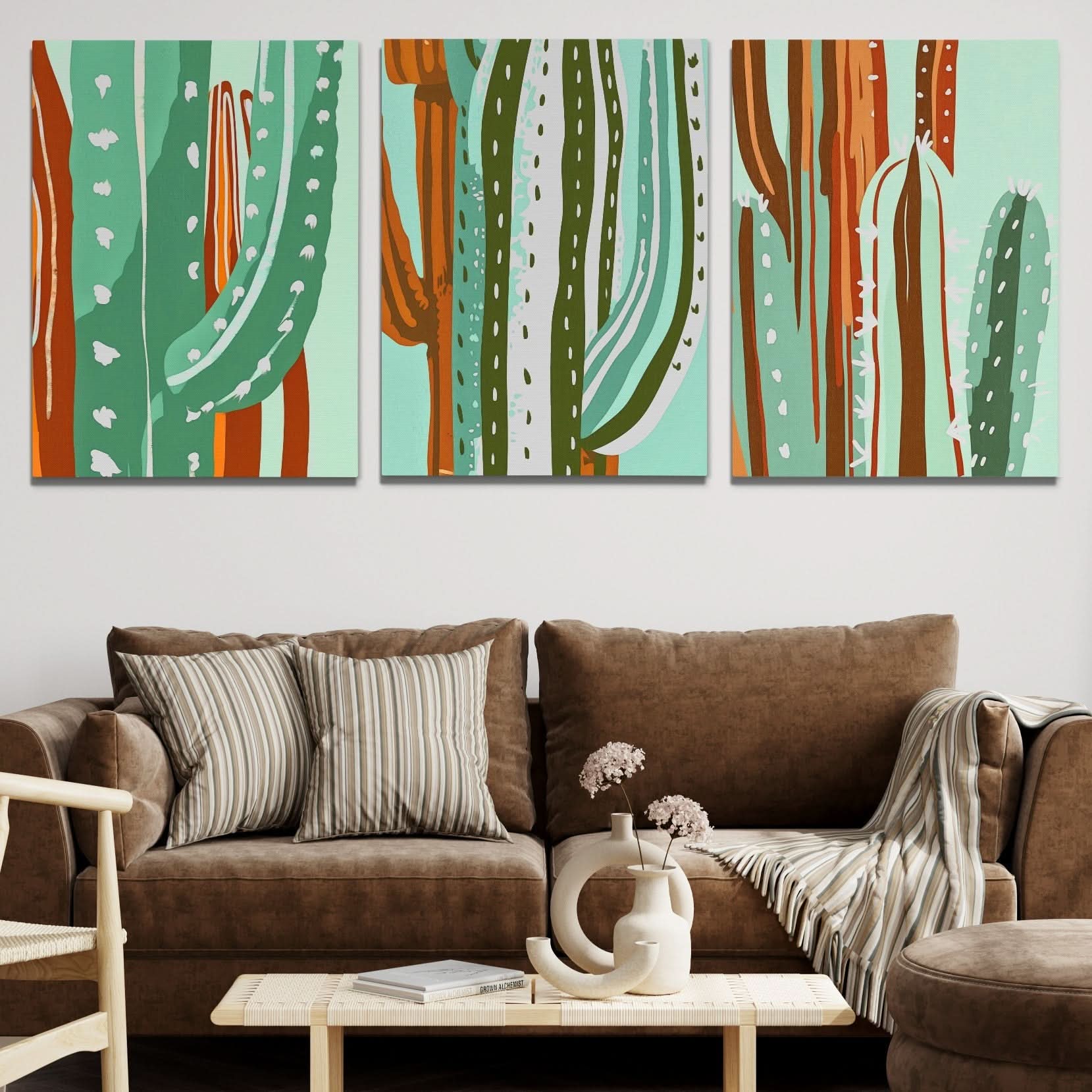 Cactus Oasis Trio - Minimalist Green Canvas Wall Art