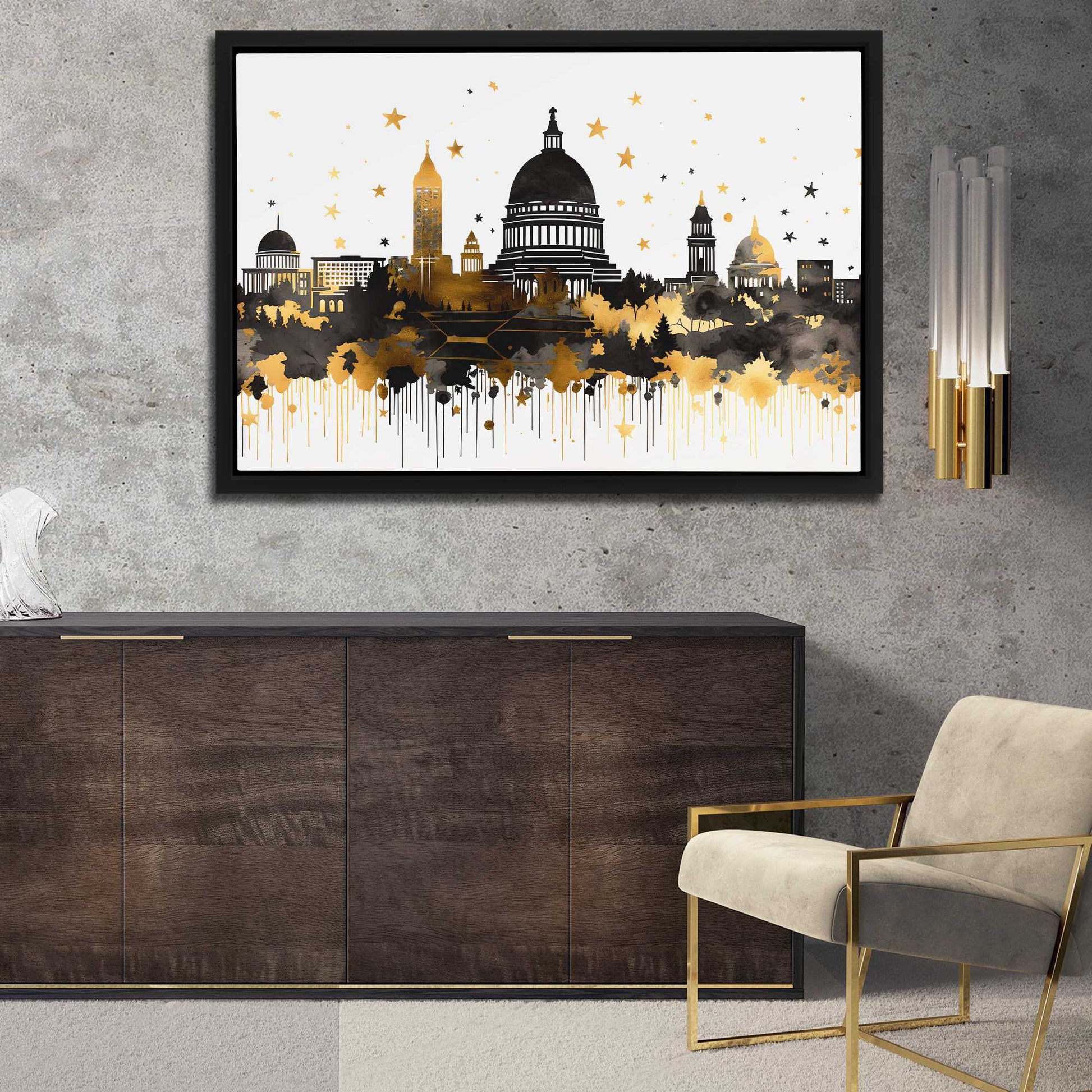 Capitol Reflections - Black Gold and White Wall Art in Black Frame