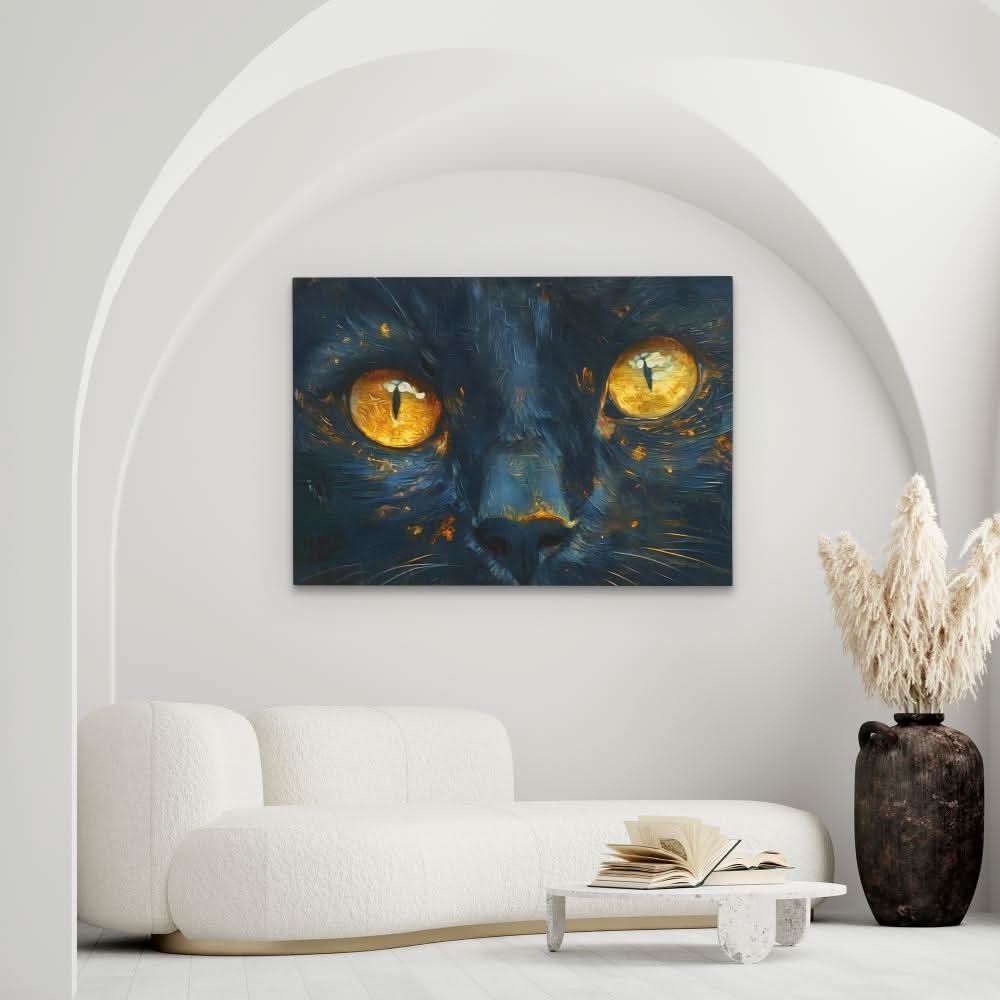 Cat Close Up - Black and Gold Canvas Wall Art