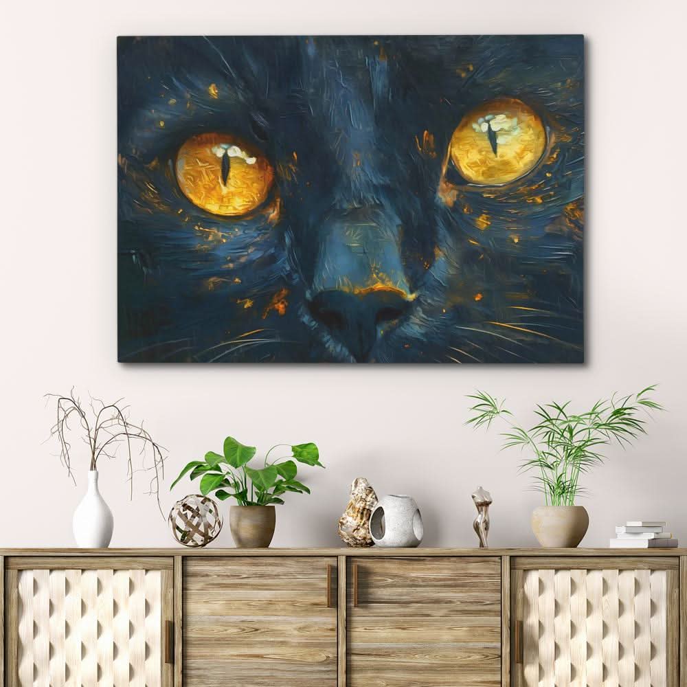 Cat Close Up - Black and Gold Wall Art for Bedroom