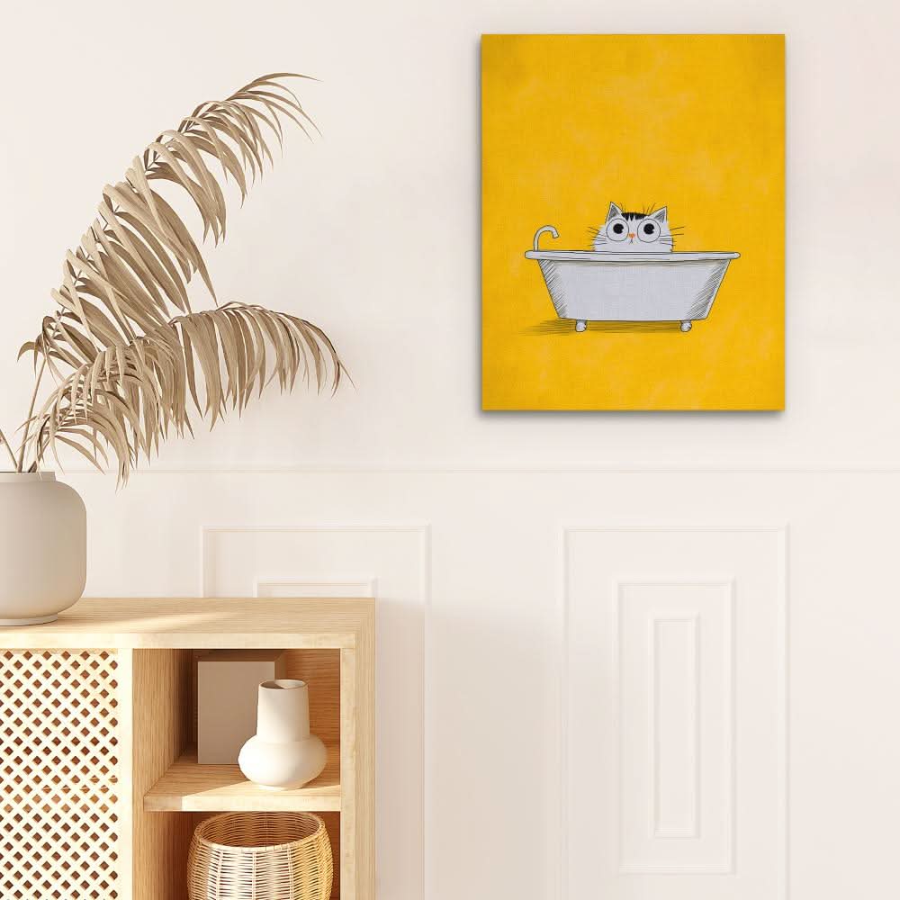 Cat in the Bath - Yellow Wall Art for Bedroom