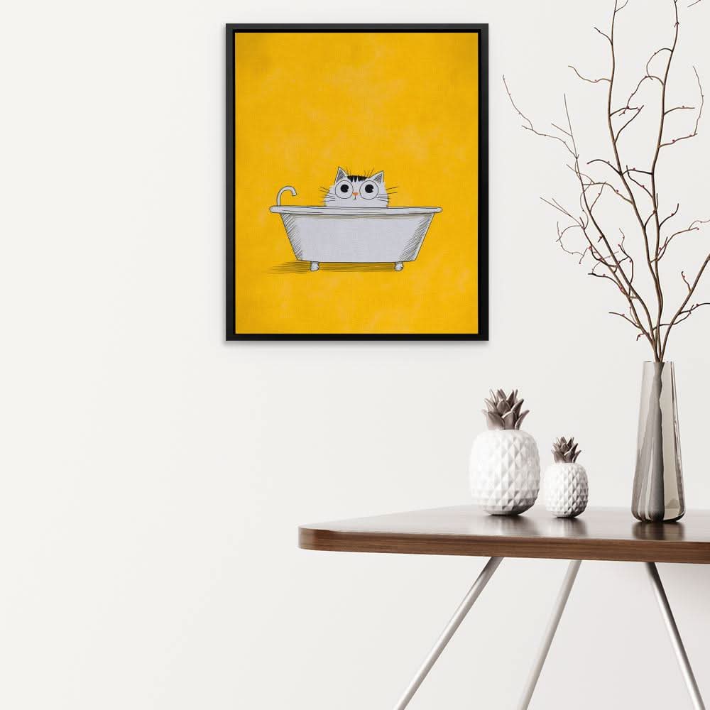 Cat in the Bath - Minimalist Wall Art in Black Frame