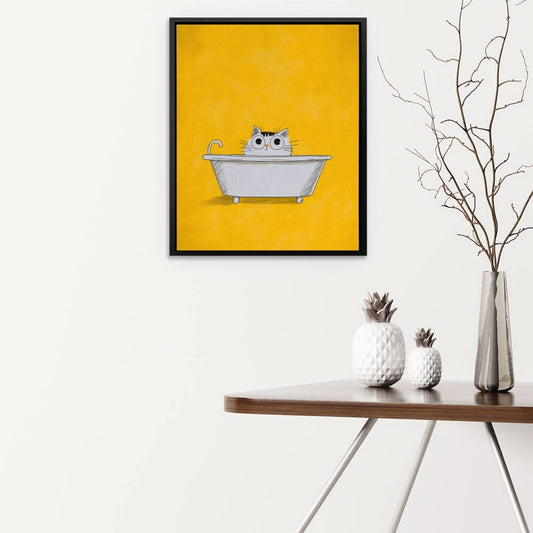 Cat in the Bath - Minimalist Wall Art in Black Frame