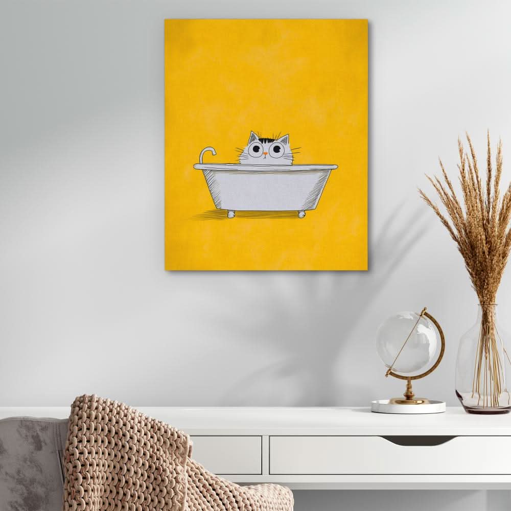 Cat in the Bath - Doodle Wall Art in Black Frame