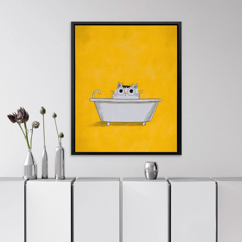 Cat in the Bath - Minimalist Yellow Canvas Wall Art