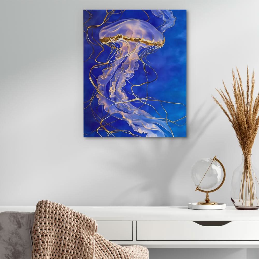 Celestial Blue Jellyfish - Blue Gold and White Wall Art in Black Frame