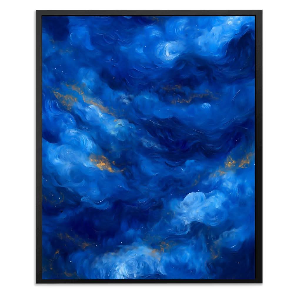 Celestial Drift - Navy Blue Wall Art in Black Frame