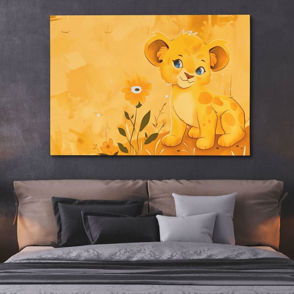 Charming Lion Cub - Yellow Canvas Wall Art