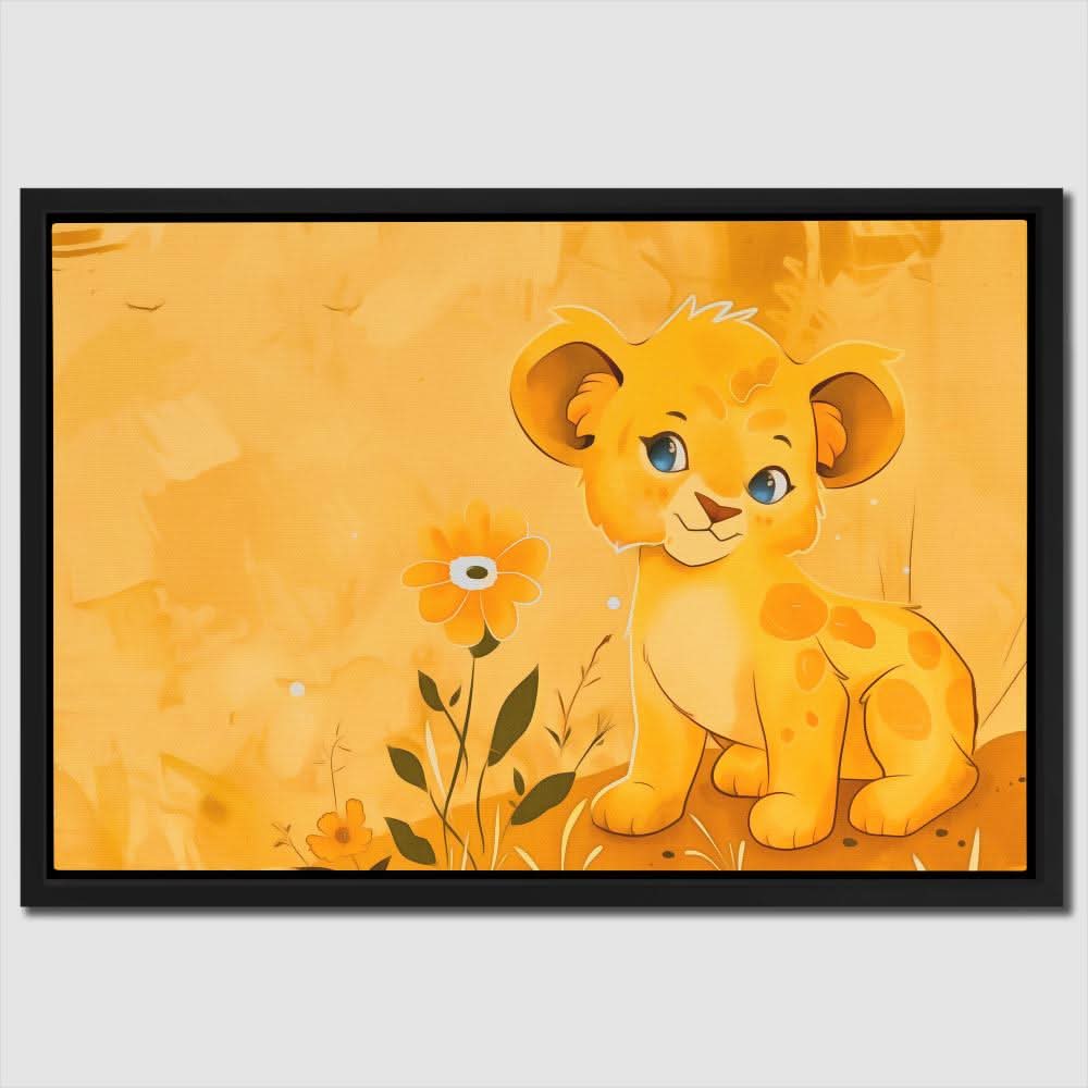 Charming Lion Cub - Baby Animal Wall Art in Black Frame