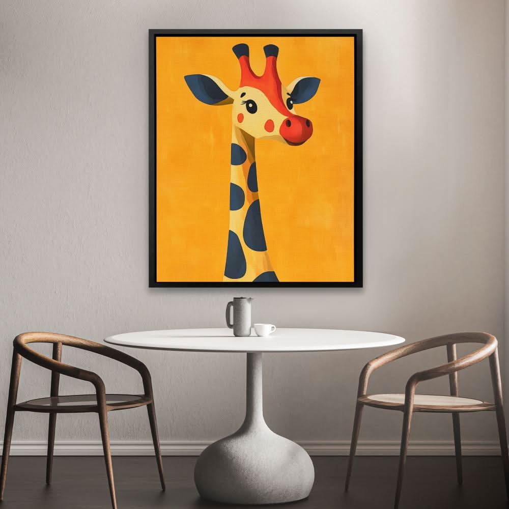 Cheerful Cartoon Giraffe - Cartoon Wall Art in Black Frame