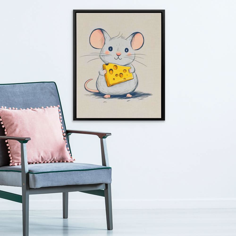 Cheesy Mouse - Cartoon Wall Art in Black Frame