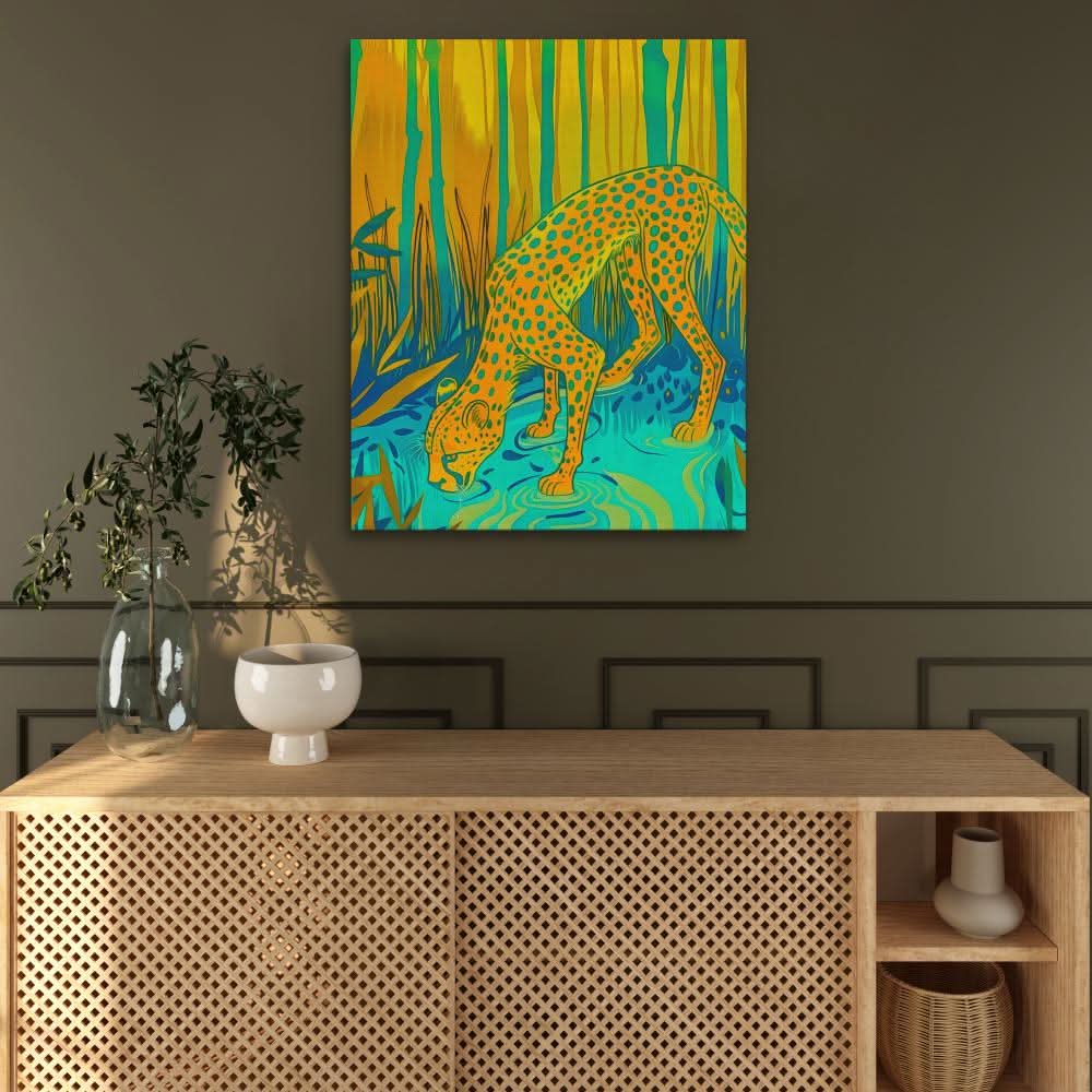 Cheetah Waterhole - Contemporary Yellow Canvas Wall Art