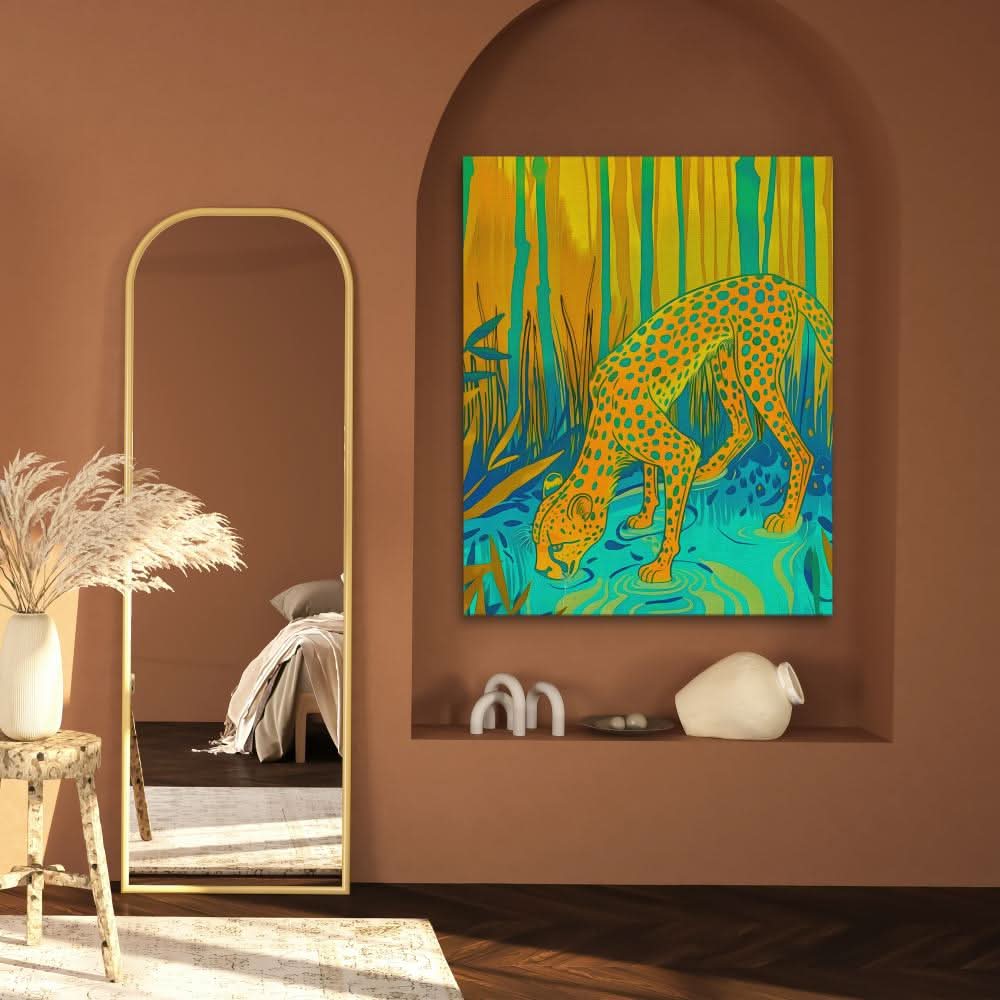 Cheetah Waterhole - Yellow Art Prints Canvas Print