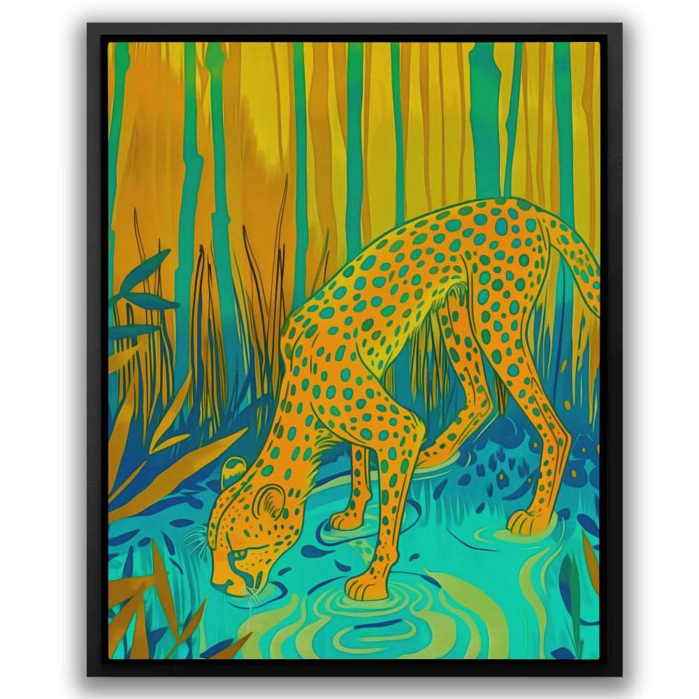 Cheetah Waterhole - Contemporary Wall Art in Black Frame