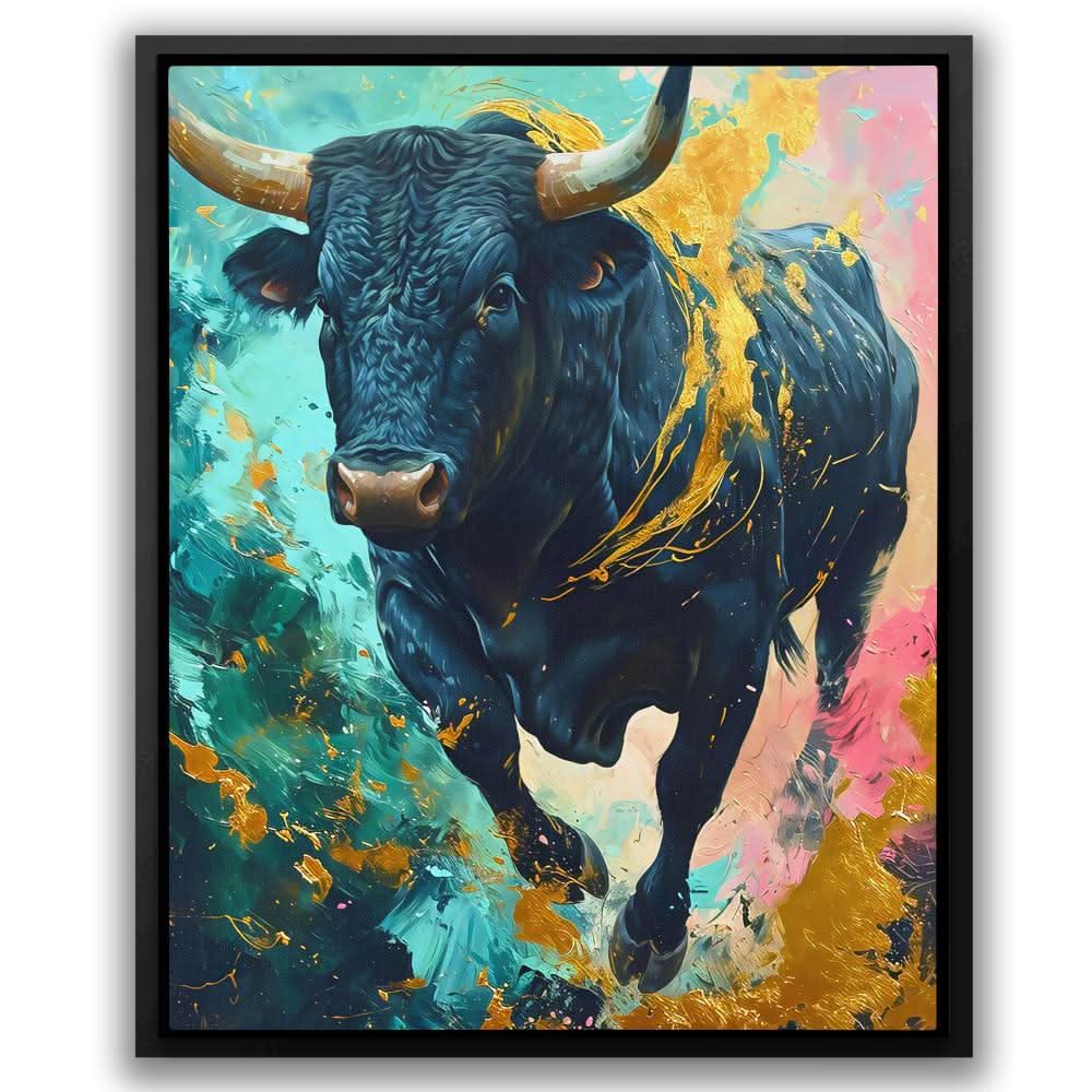 Chromatic Stampede - Bull Wall Art in Black Frame