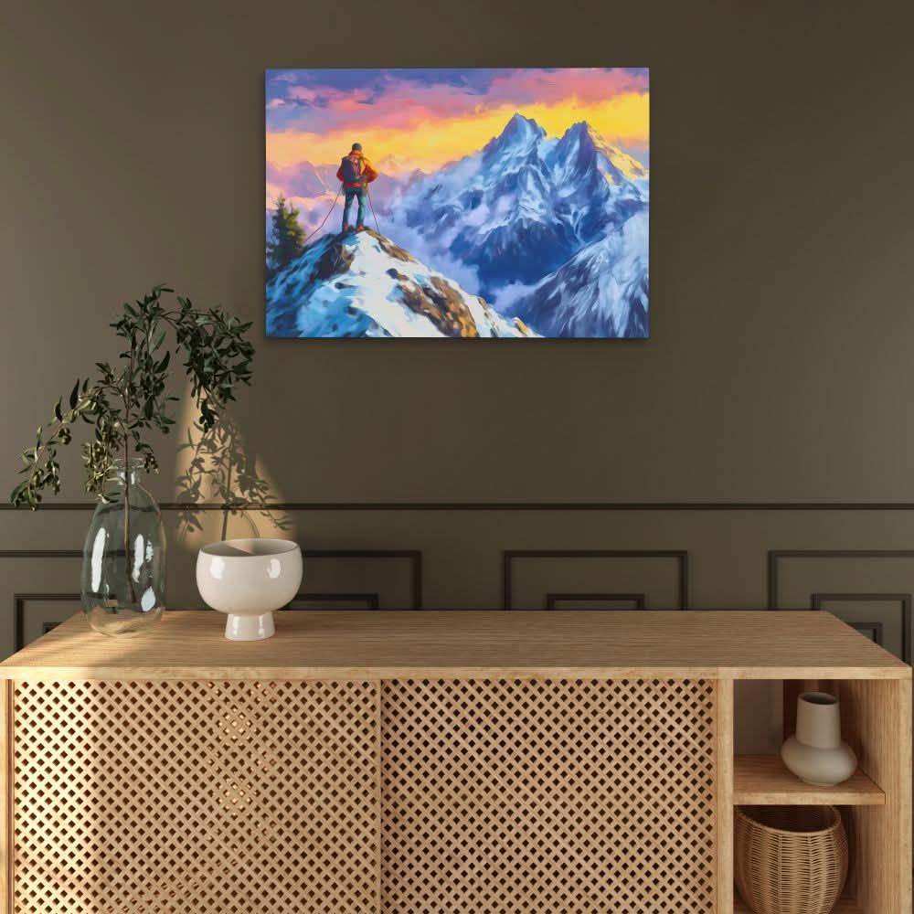 Climber on the Summit - Blue Canvas Wall Art