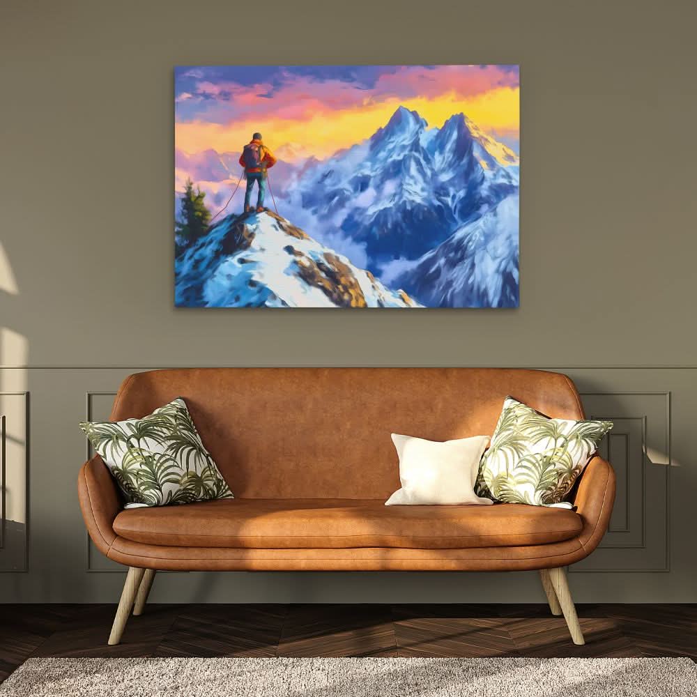 Climber on the Summit - Blue Climbing Canvas Print