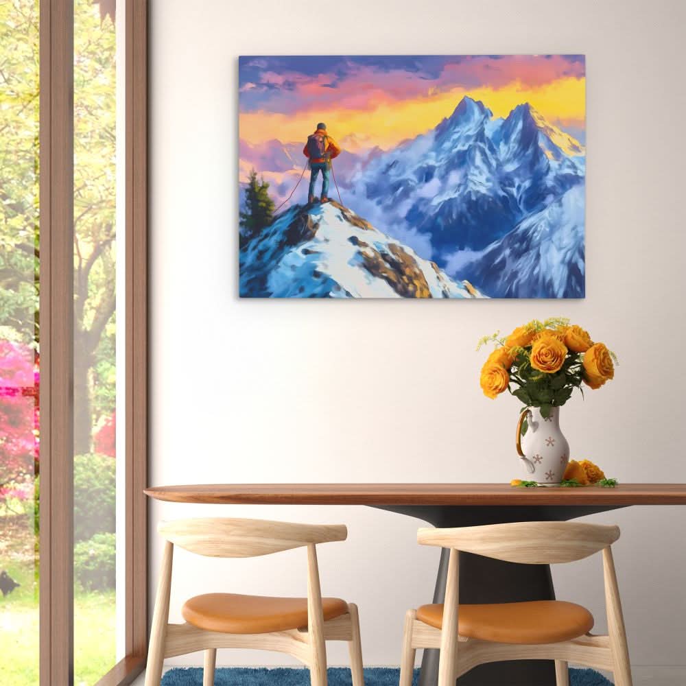 Climber on the Summit - Blue Wall Art