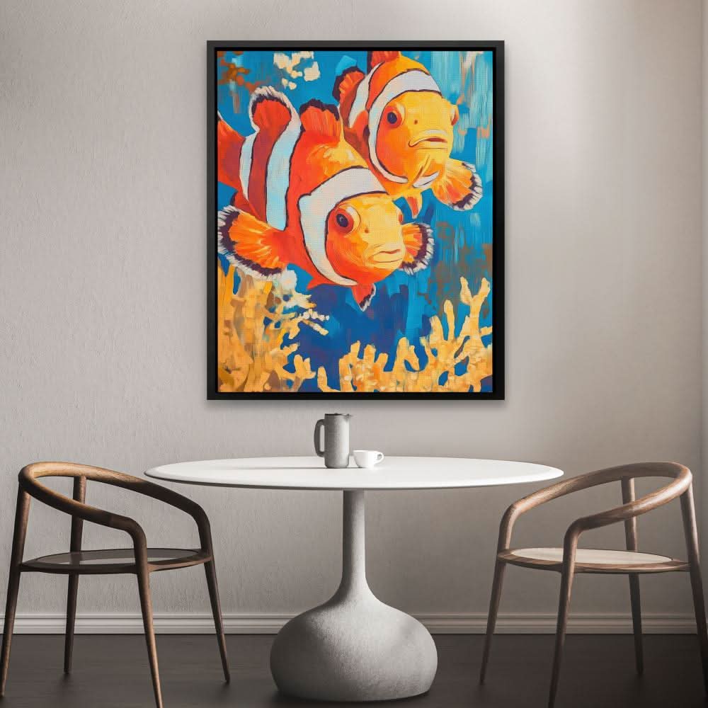 Clownfish Coral Splash - Coastal Wall Art in Black Frame