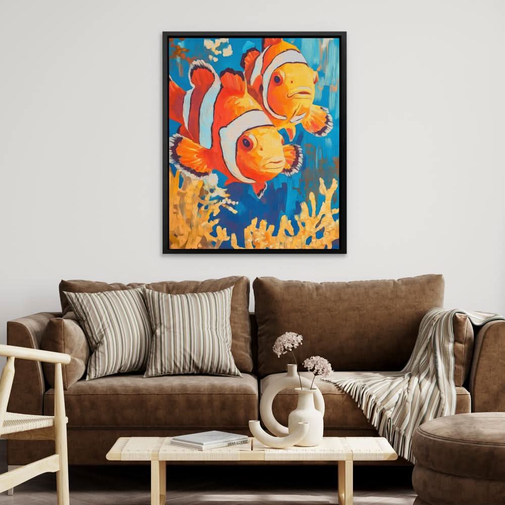Clownfish Coral Splash - Wall Art in Black Frame
