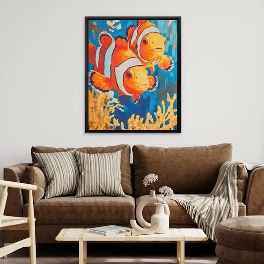 Clownfish Coral Splash - Wall Art in Black Frame