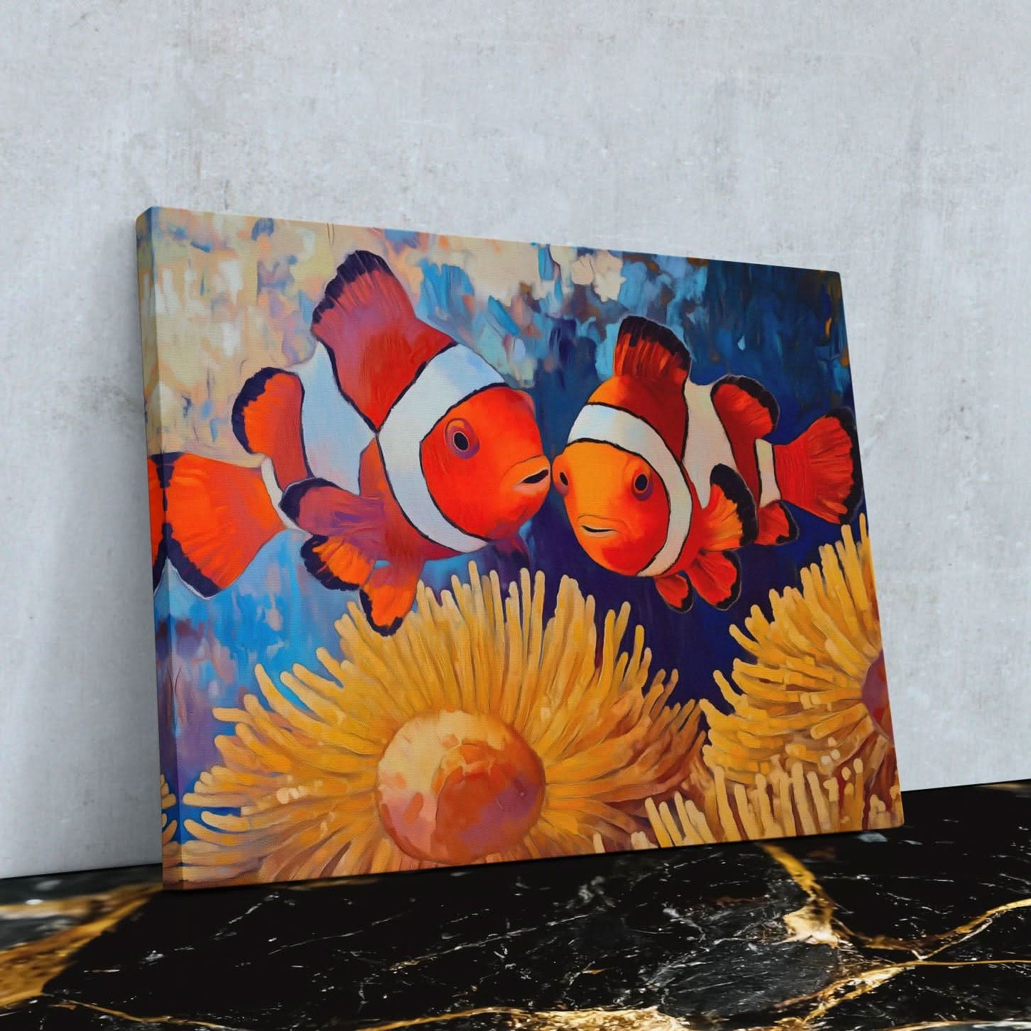 Clownfish Kiss - Colorful Coastal Canvas Print