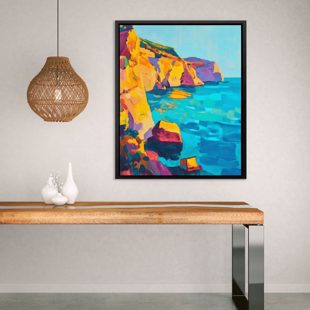 Coastal Sunset Rocks - Landscapes Wall Art in Black Frame
